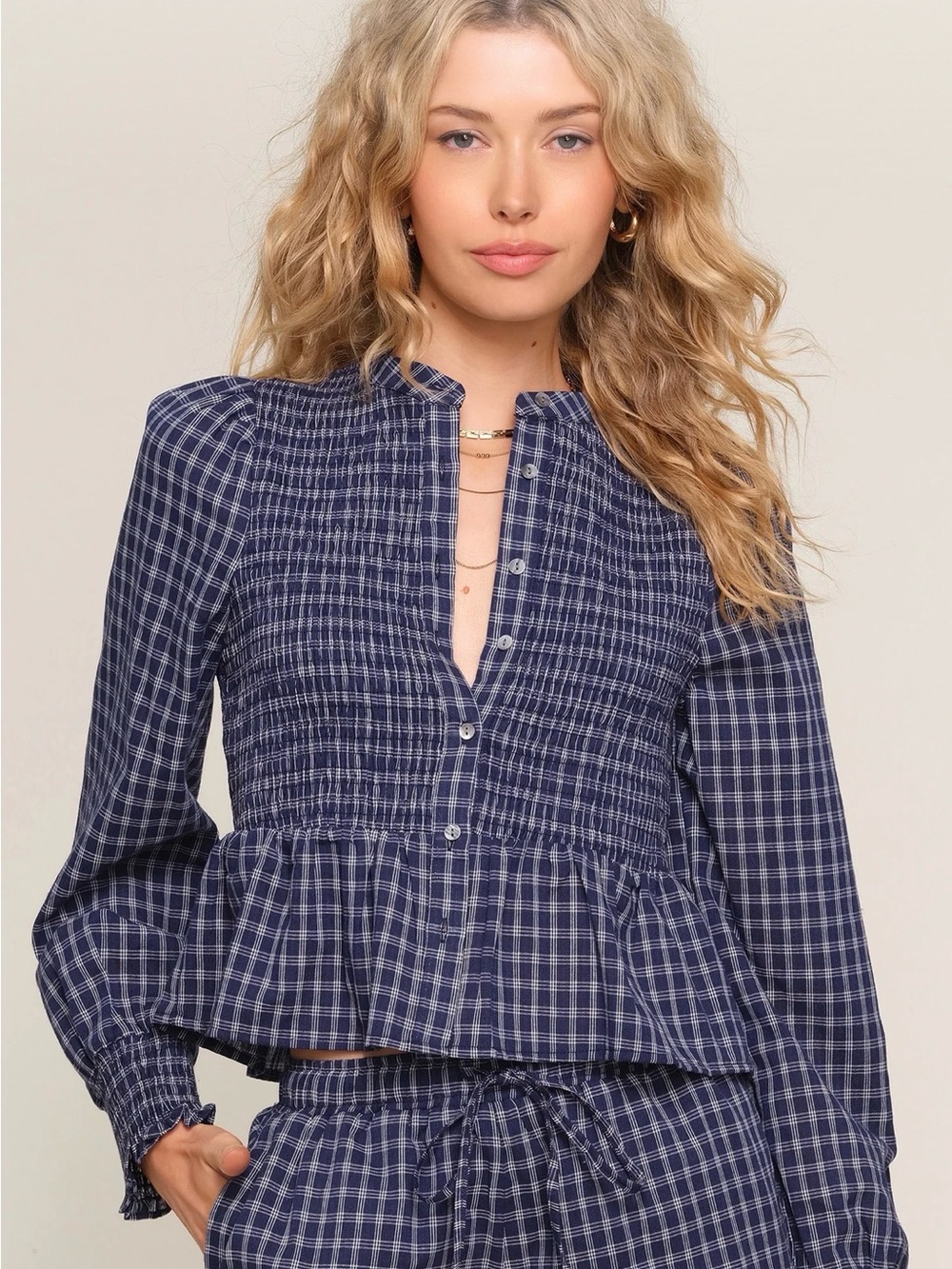 Heartloom | Fiya Plaid Smock Top w Peplum Waist, XS